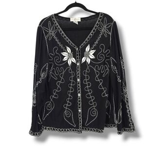 Once Again Embroidered Button Front Long Sleeve V Neck Blouse Shirt Women XL